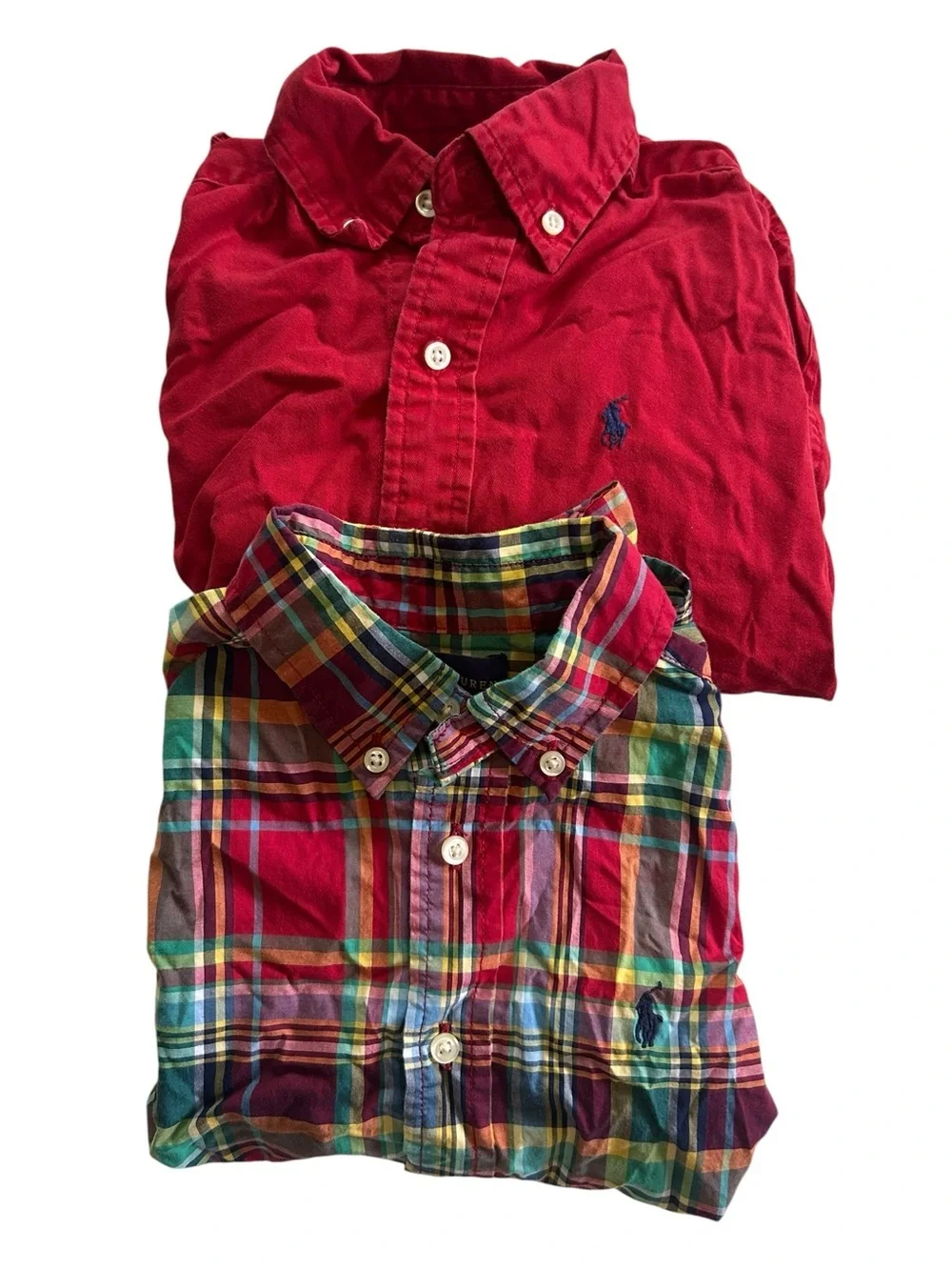 2 Ralph Lauren Boys Size 5 Preppy Button Down Shirts Plaid Red Kids 100% Cotton
